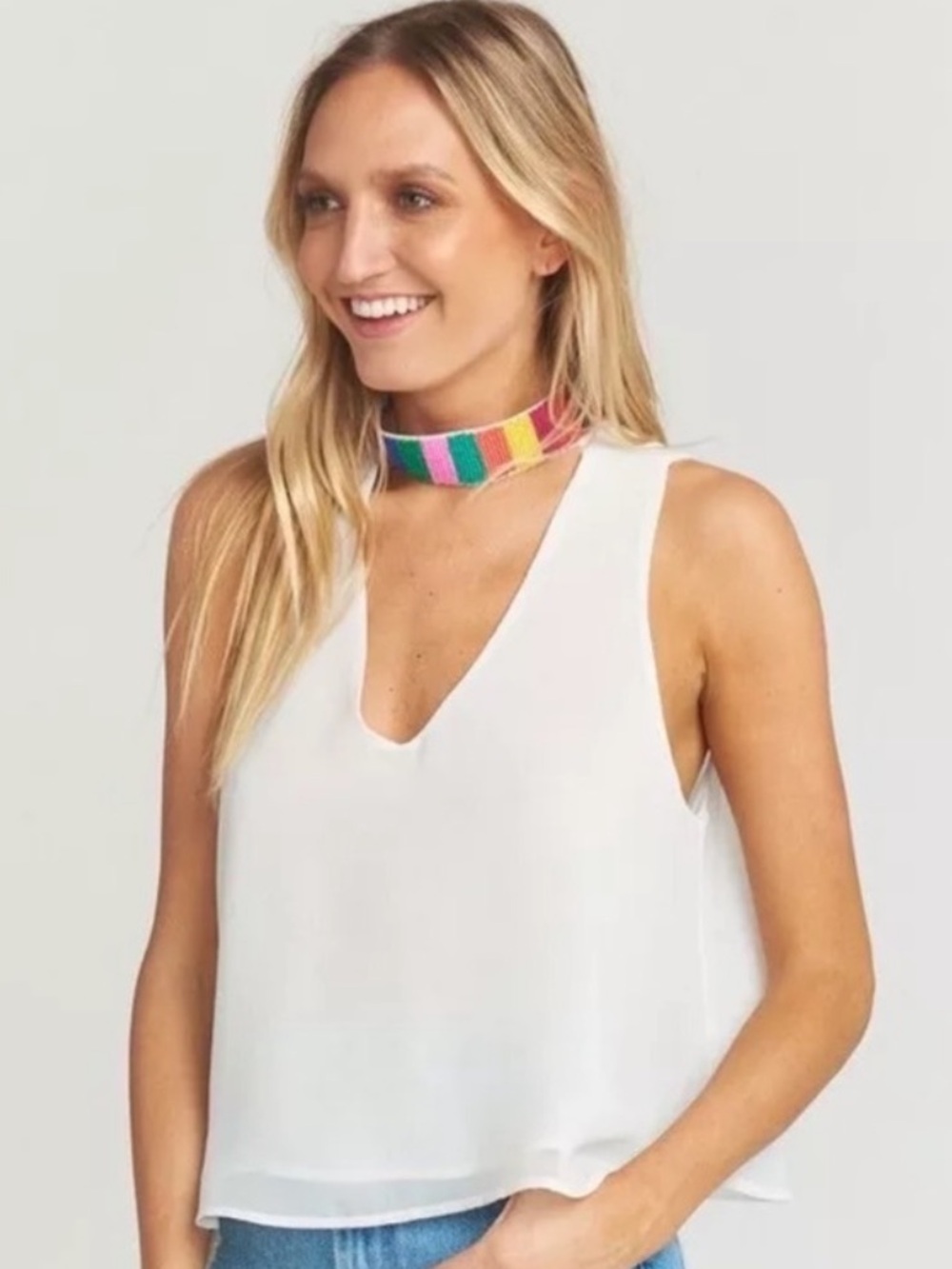 ✨NWT✨ White Loose Fit Swing Tank Chiffon Beaded Chocker Large